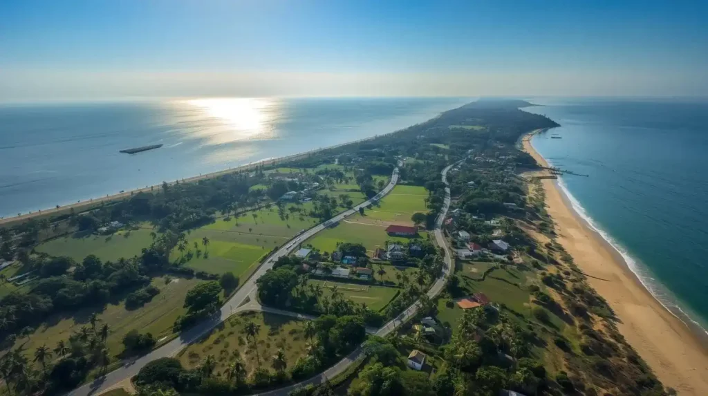 Aerial view showing North and South Goa with plots and beaches for real estate investment 2025