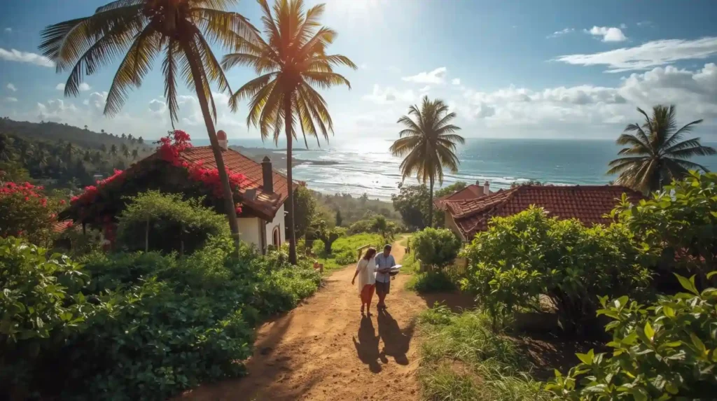 Buy land in Goa – couple inspecting residential and villa plots with Goan red-tiled houses and coastal landscape