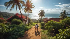 Buy land in Goa – couple inspecting residential and villa plots with Goan red-tiled houses and coastal landscape