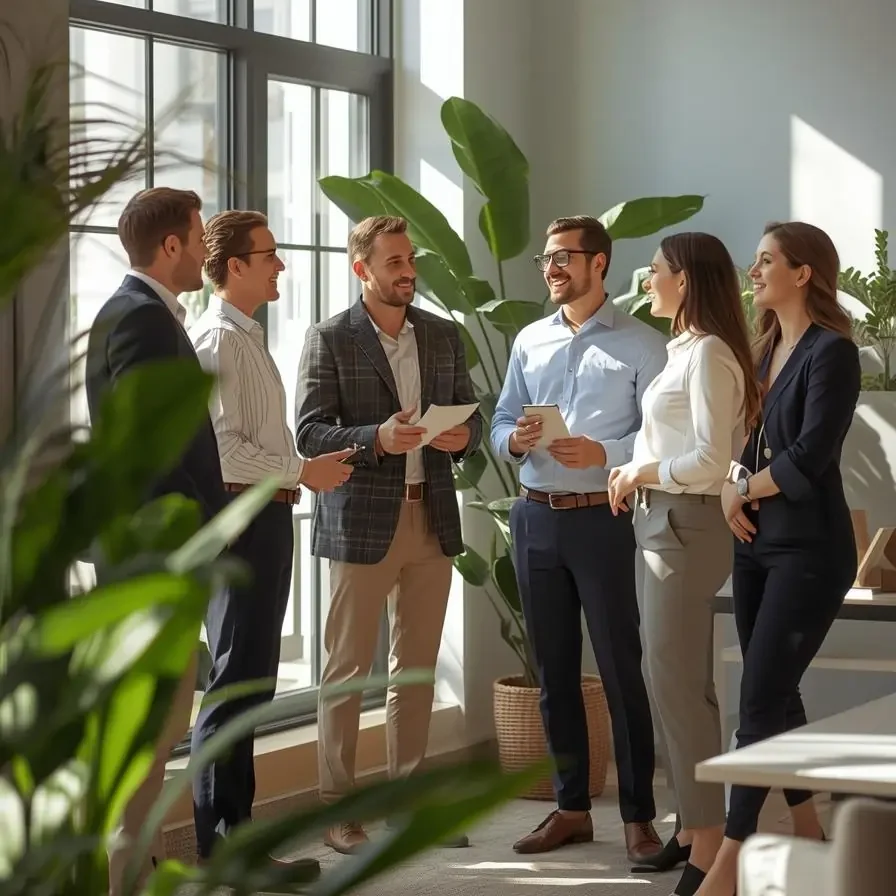 A friendly professional real estate team in a bright modern office with subtle tropical elements like sunlight, plants, or coastal colors, business casual dress, discussing property projects, realistic and natural